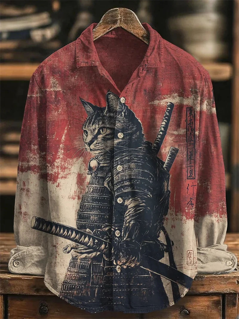 Linen Men's 3D Art Printed Shirt Casual Vintage Style Long Sleeve Lapel Collar Top Fashion Funny Printed Beige Top - Image 5