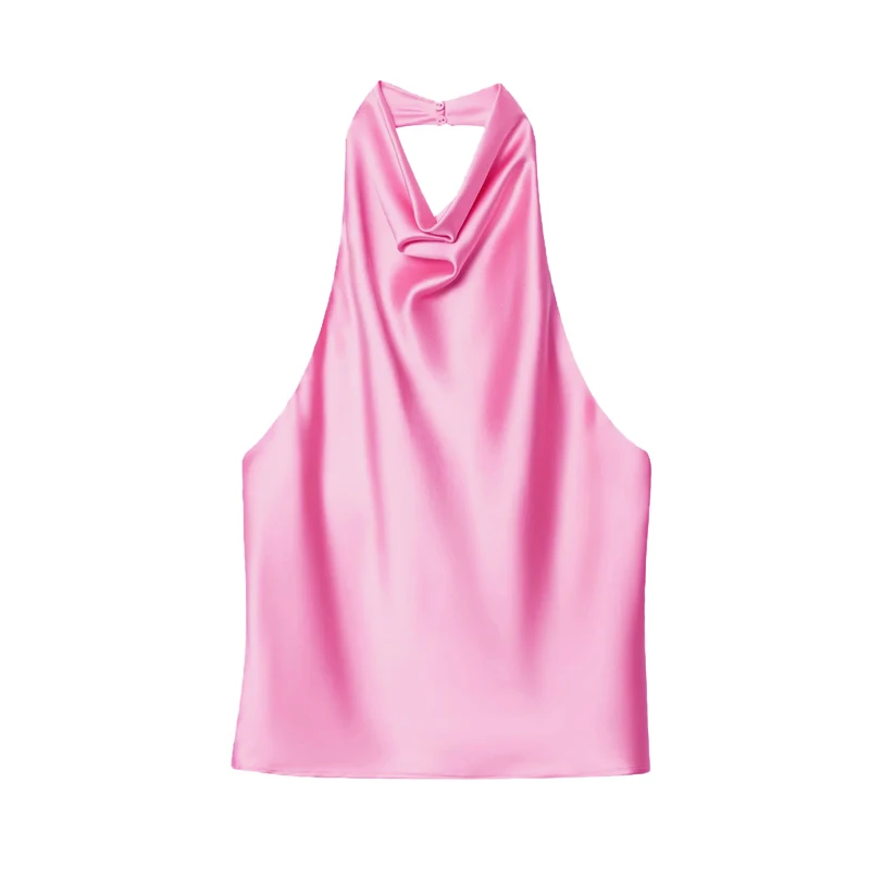 MUJER 2025 Halter Tops for Women Black Satin Backless Top Female Pink Summer Beach Top Woman off Shoulder Camisole Top Women - Image 12