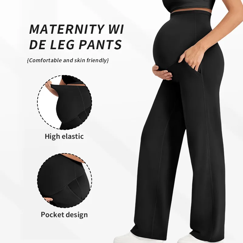 Maternity Wide Leg Pants Pregnant Women High Waist Tummy Support Trousers Soft Stretchy Casual Straight Leg Yoga Lounge Pants - Image 9