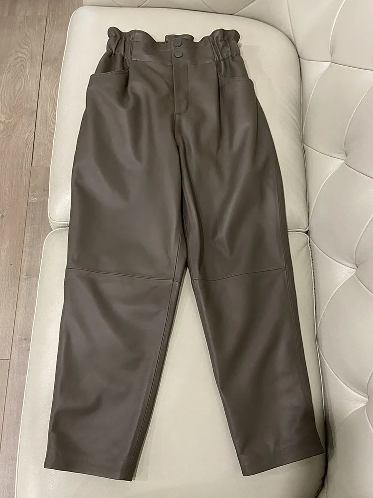 Women's Leather Pants, Female Elastic High Waist Genuine Pants, Loose Harem Trousers, Casual Fashion, Large Size, Autumn, Winter - Image 10