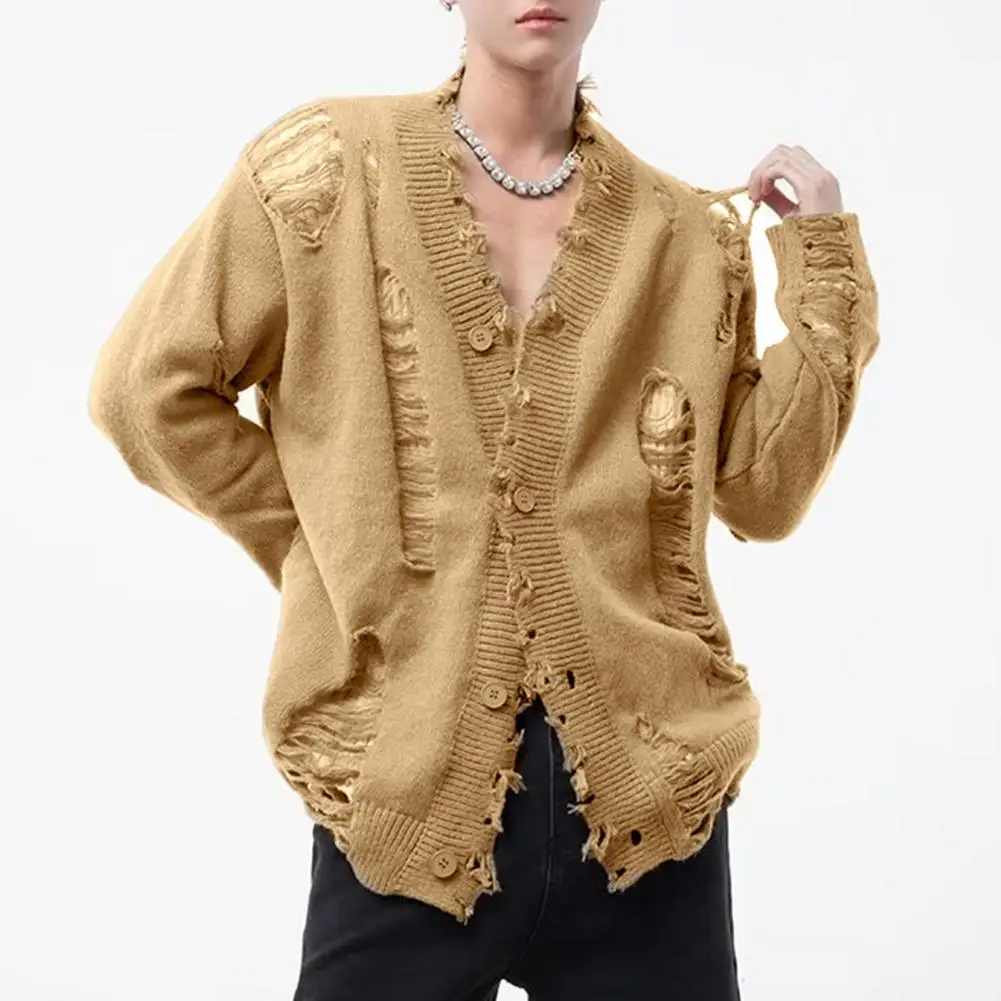 Men Cardigan Sweater Stylish Men's Ripped Hole Cardigan Sweater Coat with V Neck Single-breasted Design Trendy for Fashionable - Image 2