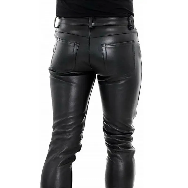 Men's Leather Pants 2022 New Solid Color PU Leather Motorcycle Pants Elastic Leisure Punk Style Slim Fit Full Length Trousers - Image 4