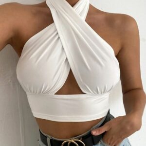 White Cross Front Halter Neck Underbust Top