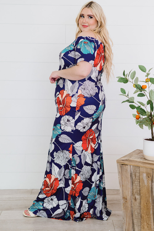Blue Green Off-the-shoulder Floral Print Plus size Maxi Dress - Image 3