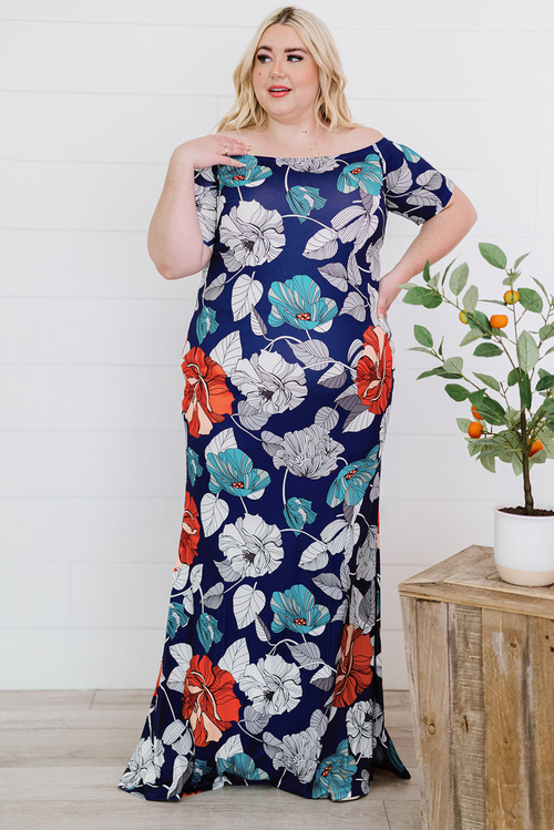 Blue Green Off-the-shoulder Floral Print Plus size Maxi Dress - Image 6