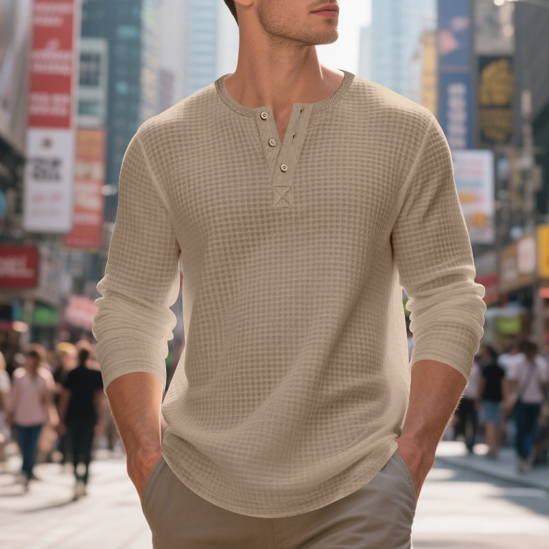 Men's Jacquard Small Plaid Button-Down Henry Long Sleeve - Image 8