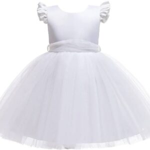 Girls Below Knee Festive/Wedding Dress  (White, Short Sleeve)
