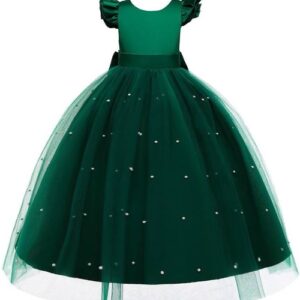 Girls Below Knee Festive/Wedding Dress  (Green, Cap Sleeve)