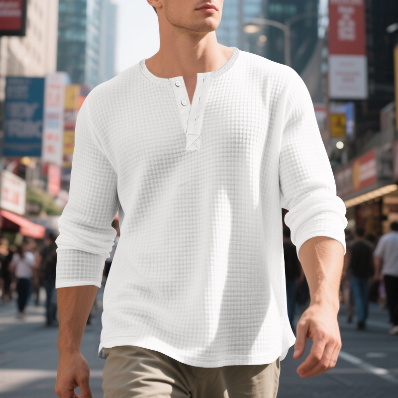 Men's Jacquard Small Plaid Button-Down Henry Long Sleeve - Image 5