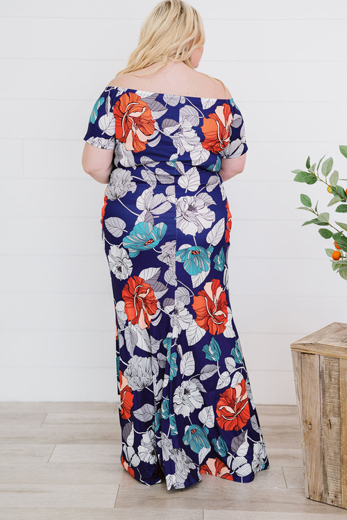 Blue Green Off-the-shoulder Floral Print Plus size Maxi Dress - Image 2