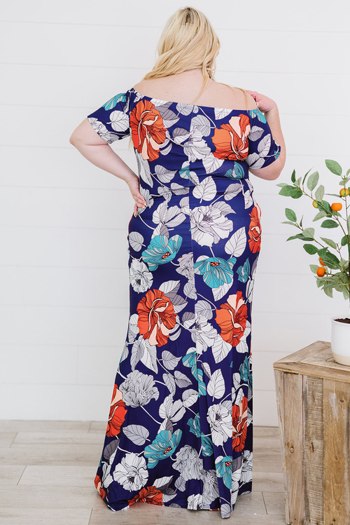 Blue Green Off-the-shoulder Floral Print Plus size Maxi Dress - Image 8