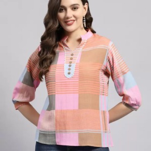 Casual Regular Sleeves Checkered Women Multicolor Top (Size M)
