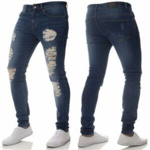 2018 Men Jeans Fashion Slim Hole Washed Denim Blue Pants for Male