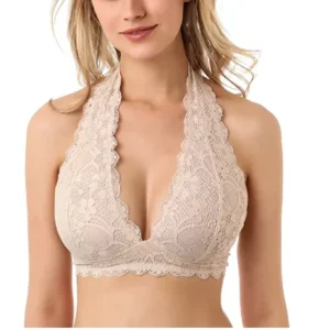Sexy Floral Lace Halter Bra Bralette Wirefree Lace Bra Top Hook and Eye Closure Back Unpadded