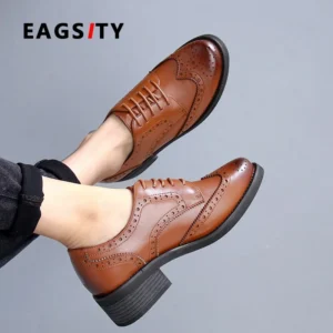 EAGSITY Cow Leather brown oxford shoes women lace up casual derby shoes fashion ladies brogue shoes block heel