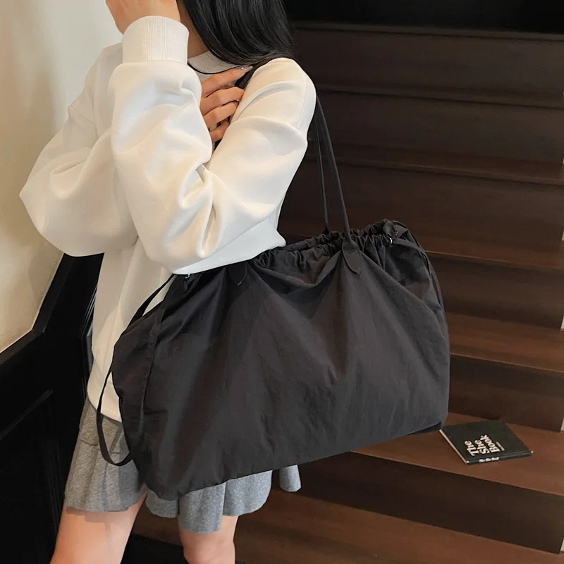Big Drawstring Bucket Shoulder Bags For Women Nylon Fabric Lightweight Large Capacity Shopper Totes Pure Color Practical Handbag - Image 5