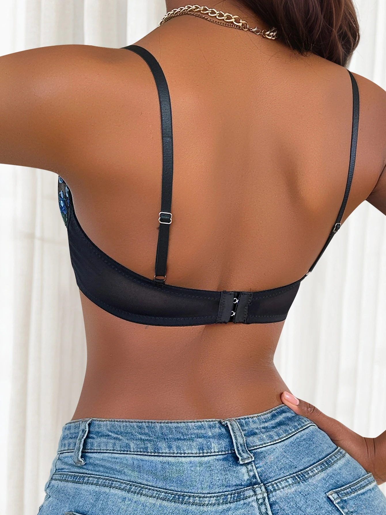 Women's Underwire Thin Bra - Blue Floral Embroidery on Black Sheer Mesh Sexy Push Up Demi Cup Lingerie Daily T-Shirt Bra MR2956 - Image 4