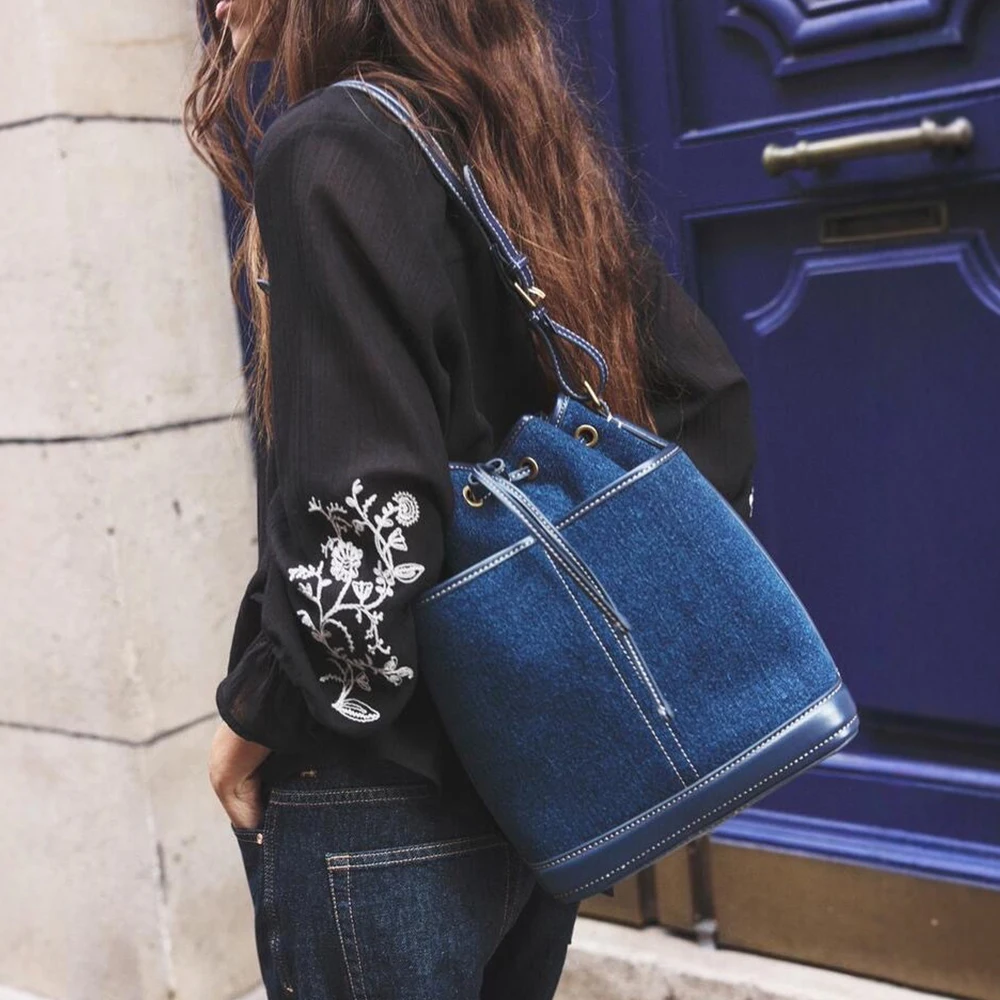 Fashion Denim Bucket Bags for Women Luxury Designer Handbags High Quality Canvas Shoulder Bag 2025 New Drawstring Women's Bag - Image 2