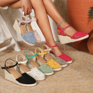 Women's Wedge Espadrille Sandals Hollow Crochet Closed Toe Platform Heels with Ankle Strap Summer Casual Beach Shoes for Women