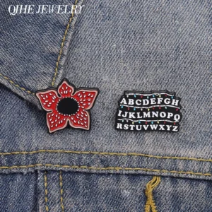Sci-fi Horror Movies Brooch Enamel Pins Red Cannibal Flowers And 26 English Letter Brooches Backpack Lapel Badge Jewelry Gifts