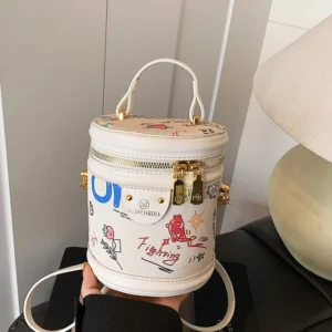 Round Bucket Crossbody Bag For Women Cute Cartoon Printing Handbags Zipper Flap Mini Small Bag Female Tote Designer Shoulder Bag