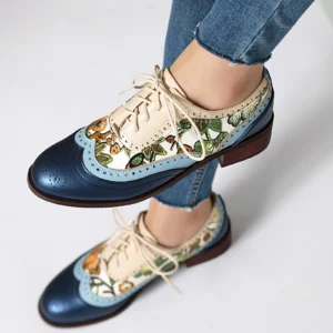 EAGSITY Print oxford shoes women pointed toe brogue shoes chunky Heel outdoor leisure walking sneaker footwear