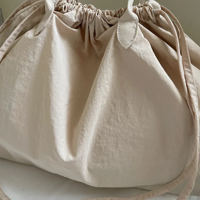 Big Drawstring Bucket Shoulder Bags For Women Nylon Fabric Lightweight Large Capacity Shopper Totes Pure Color Practical Handbag - Image 2