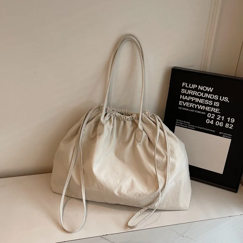Big Drawstring Bucket Shoulder Bags For Women Nylon Fabric Lightweight Large Capacity Shopper Totes Pure Color Practical Handbag - Image 11