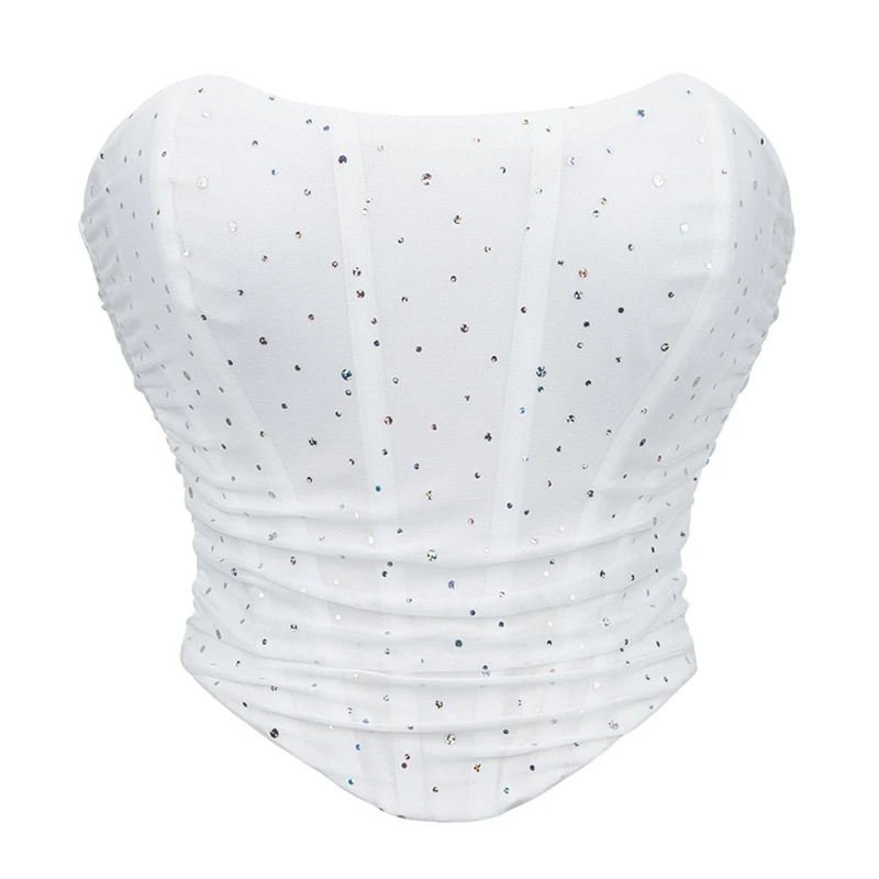 Women Overbust Corset Crop Tops Sexy White Strapless Off Shoulder Sequin Breathable Mesh Bustier Korset lingerie Gothic Corselet