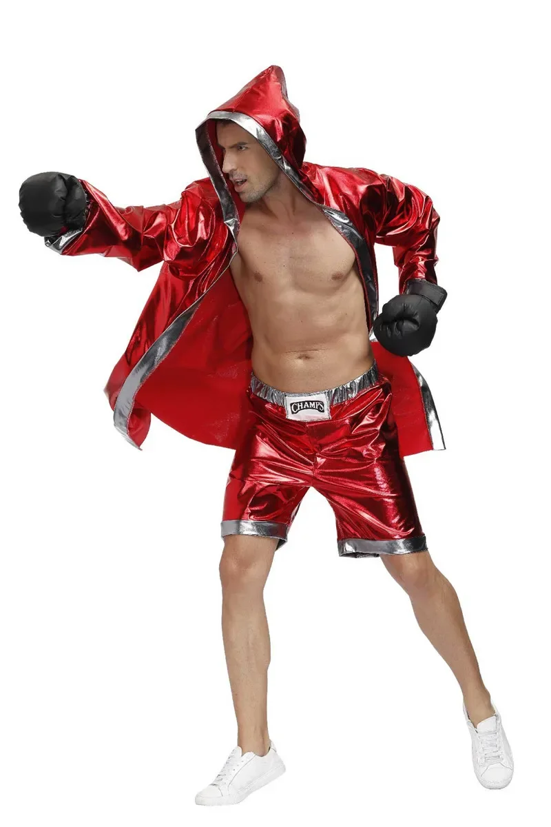 Male Women Red Boxer Uniform Sexy Boxing Costumes Halloween Party couple Cosplay Clothes Hooded Cloak Robe Shorts Set - Image 5