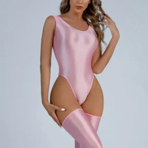 Sleeveless Glossy Shiny Swimsuit High Cut Bodysuit Tights Elastic Athletic Gym Yoga Fitness Body Teddies Sexy Swimwear Leotard
