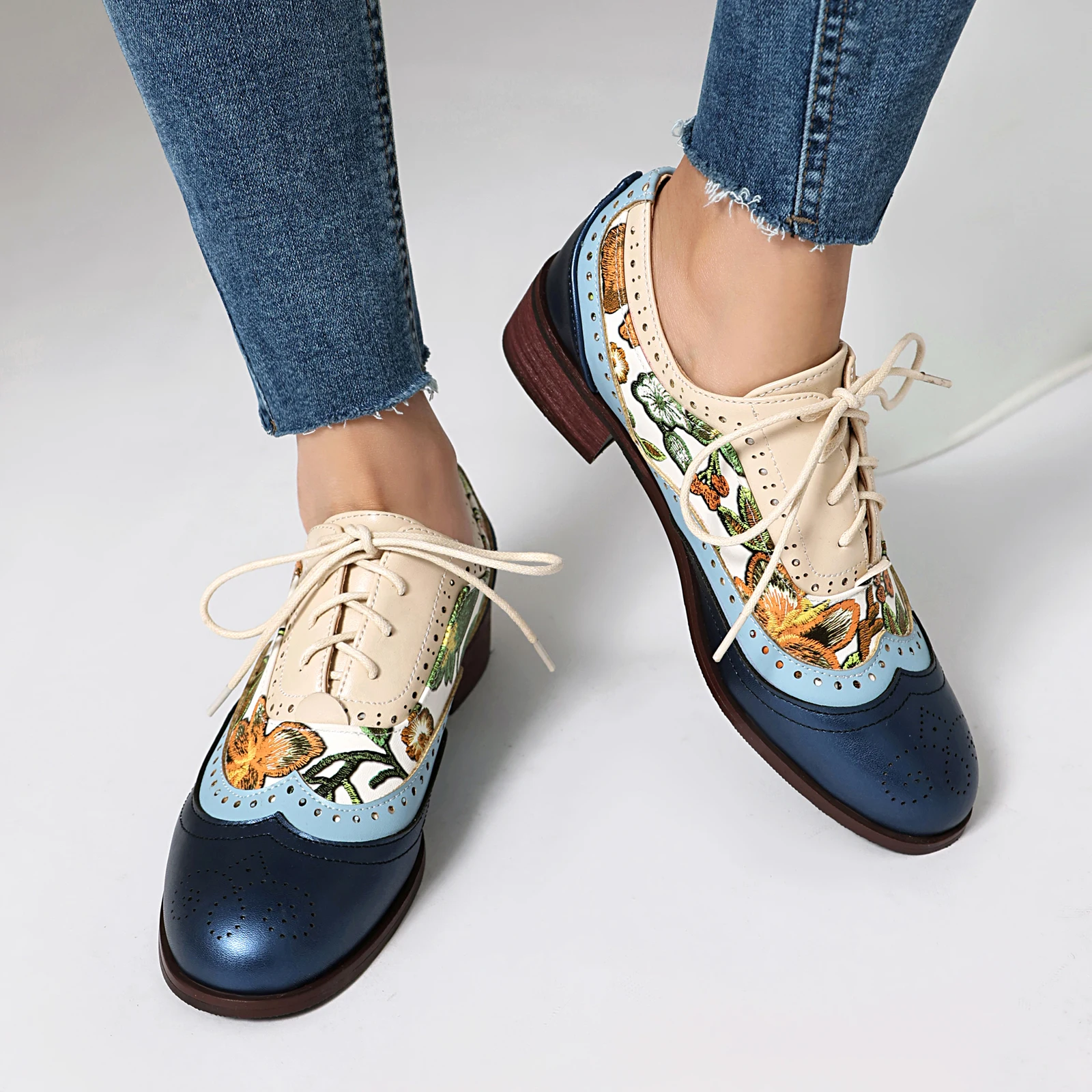 EAGSITY Print oxford shoes women pointed toe brogue shoes chunky Heel outdoor leisure walking sneaker footwear - Image 2