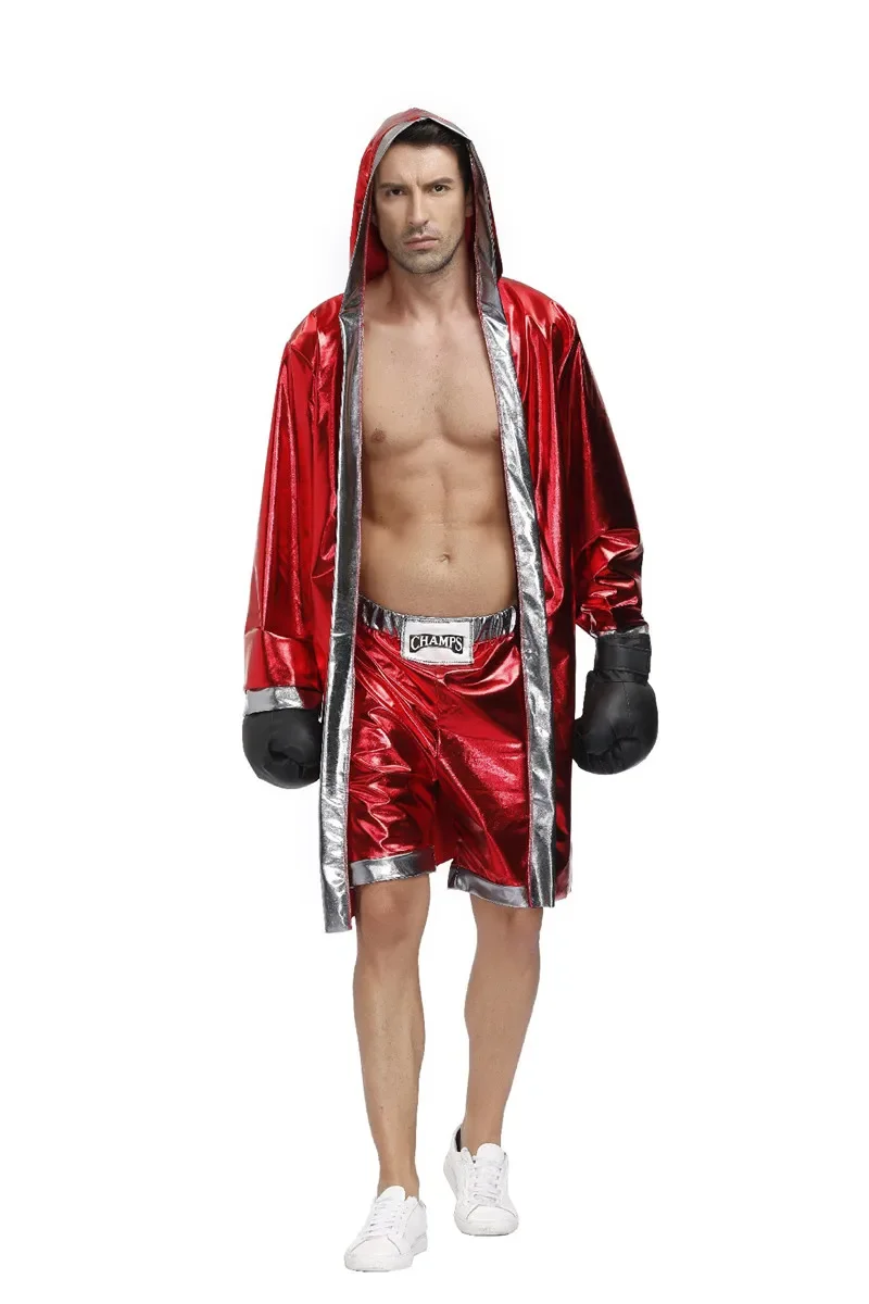 Male Women Red Boxer Uniform Sexy Boxing Costumes Halloween Party couple Cosplay Clothes Hooded Cloak Robe Shorts Set - Image 6