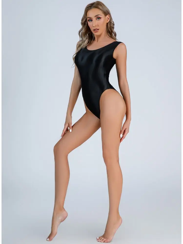 Sleeveless Glossy Shiny Swimsuit High Cut Bodysuit Tights Elastic Athletic Gym Yoga Fitness Body Teddies Sexy Swimwear Leotard - Image 3