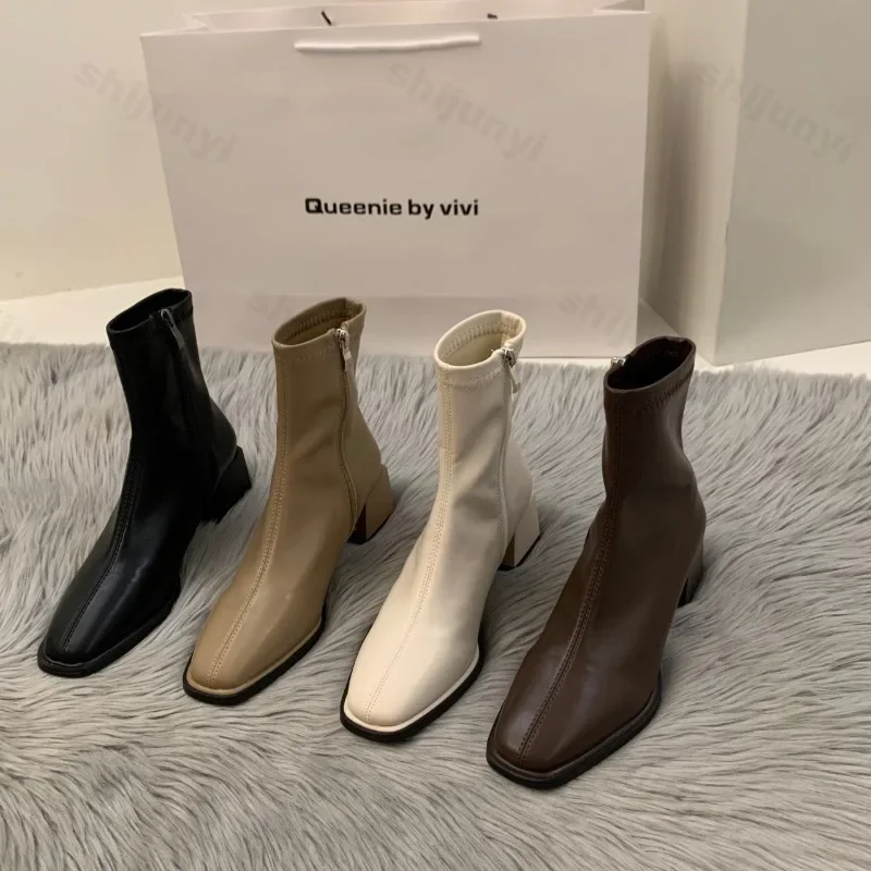 Short boots for women 2025 new spring and autumn single boots round toe raised waterproof platform bare boots for women