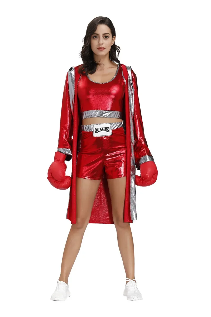 Male Women Red Boxer Uniform Sexy Boxing Costumes Halloween Party couple Cosplay Clothes Hooded Cloak Robe Shorts Set - Image 2