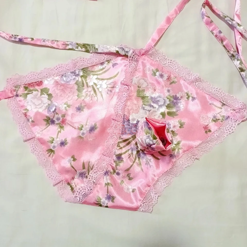 Men Silky Touch Panties Double Layer Glossy Soft Floral Women Adjustable Elastic Lace Up Briefs FKK Live Show Private Party BF - Image 4