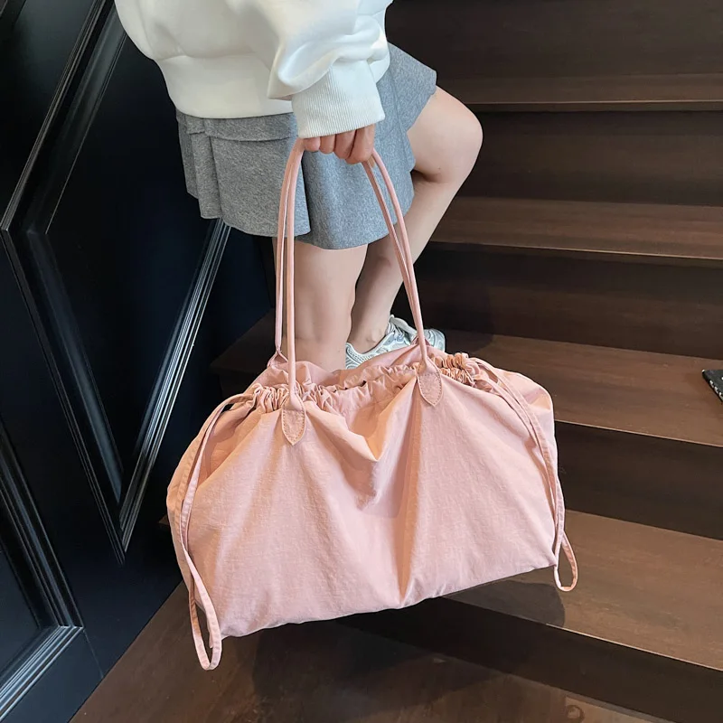 Big Drawstring Bucket Shoulder Bags For Women Nylon Fabric Lightweight Large Capacity Shopper Totes Pure Color Practical Handbag - Image 4