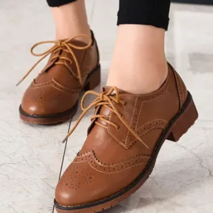 LIHUAMAO Brown oxford shoes women brogue derby lace up casual shoes footwear sneaker for work party