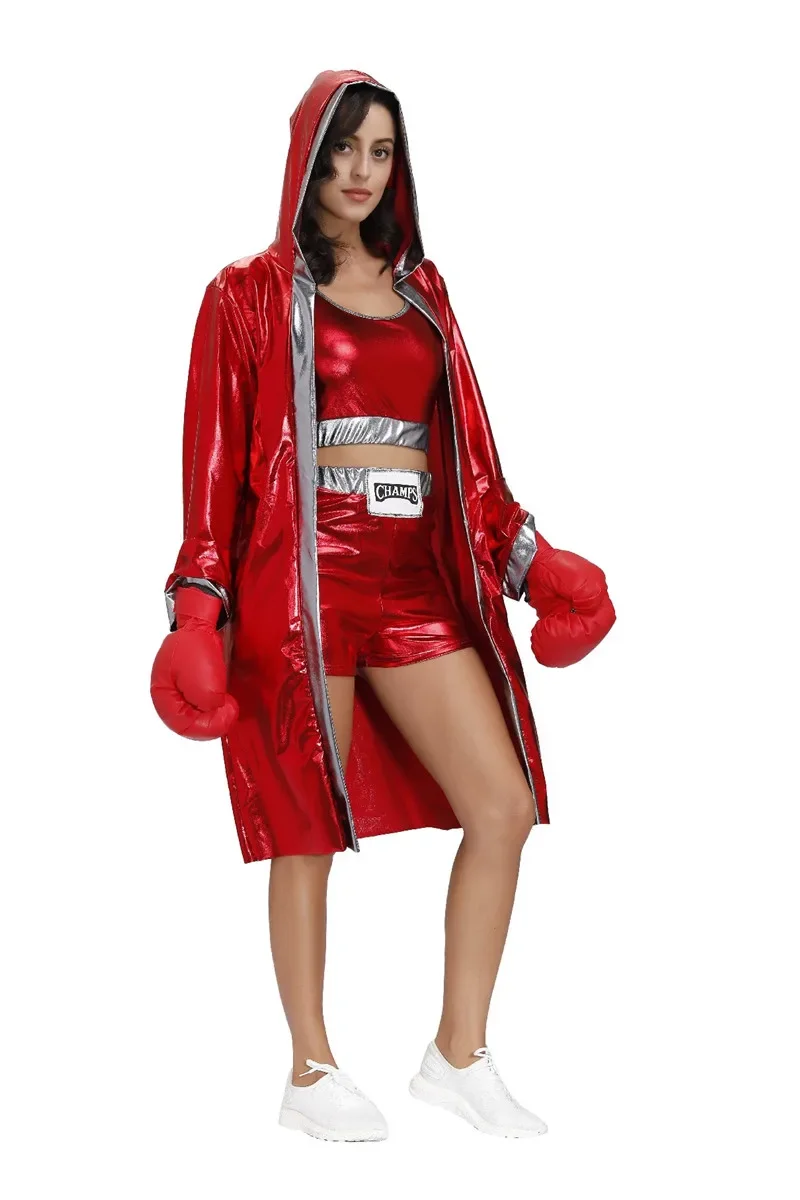 Male Women Red Boxer Uniform Sexy Boxing Costumes Halloween Party couple Cosplay Clothes Hooded Cloak Robe Shorts Set - Image 3