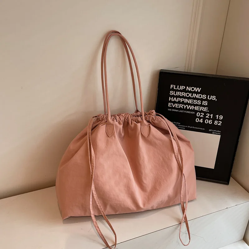 Big Drawstring Bucket Shoulder Bags For Women Nylon Fabric Lightweight Large Capacity Shopper Totes Pure Color Practical Handbag - Image 7