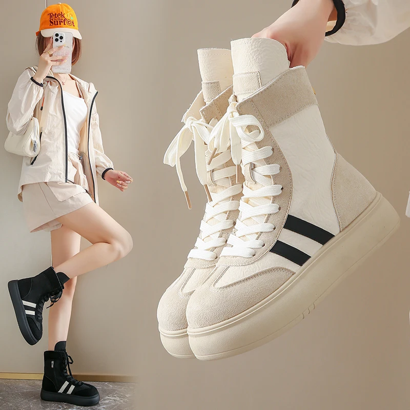 Sports and Leisure Shoes for Women 2025 New Fashionable High Top Shoes Flat Bottomed Lightweight and Comfortable Work Boots