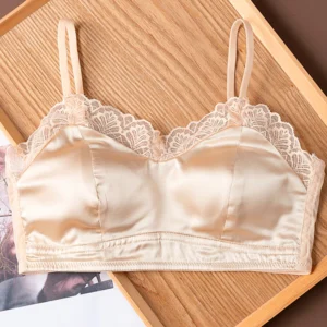 Lace Bralette Bra for Women 19 Momme Mulberry Silk No Underwire Wireless Full Coverage Lightly Lined Adjustable Skinny Strap