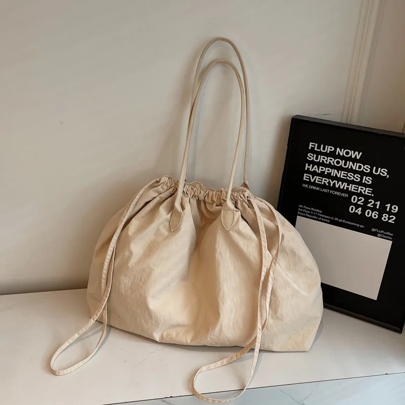 Big Drawstring Bucket Shoulder Bags For Women Nylon Fabric Lightweight Large Capacity Shopper Totes Pure Color Practical Handbag - Image 9