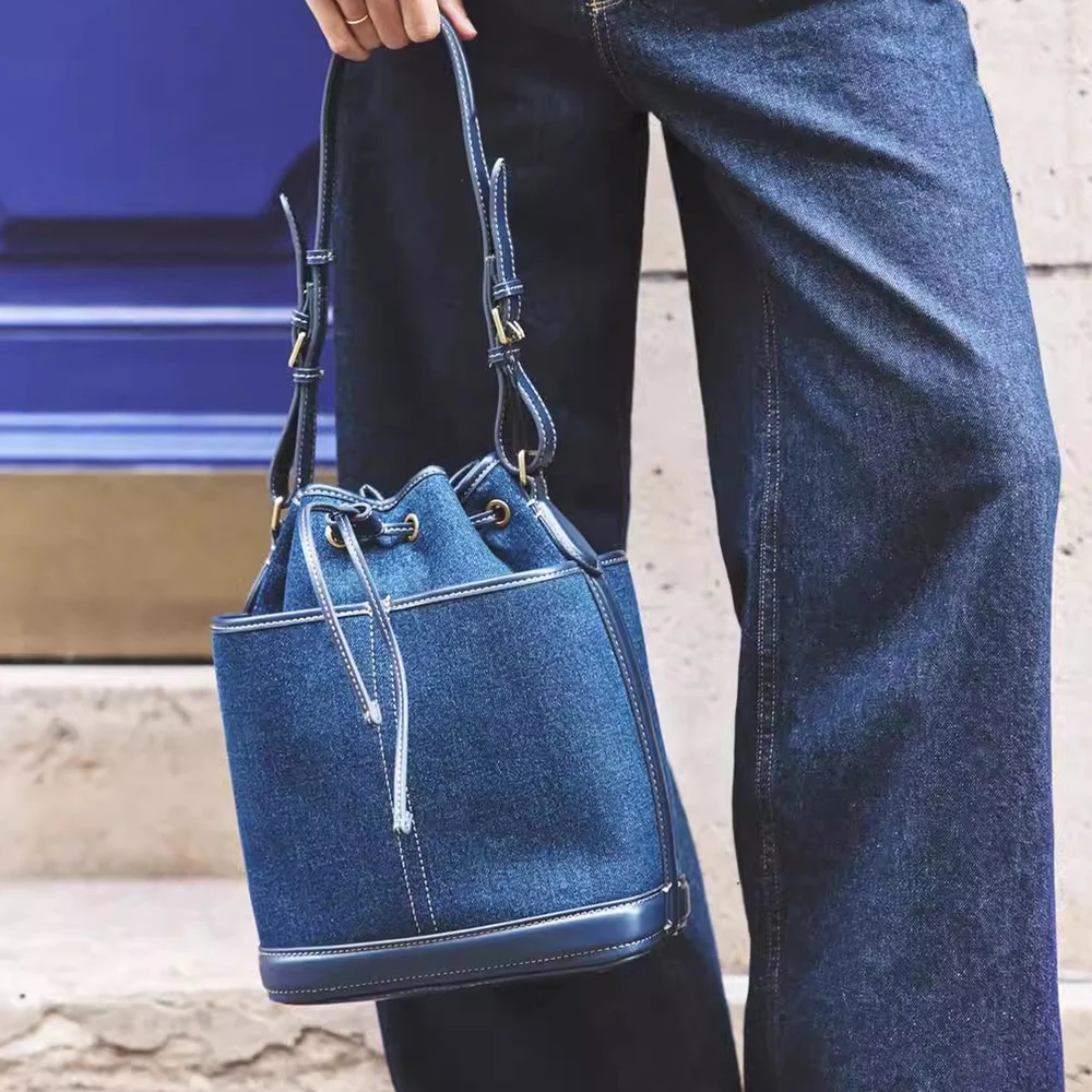 Fashion Denim Bucket Bags for Women Luxury Designer Handbags High Quality Canvas Shoulder Bag 2025 New Drawstring Women's Bag