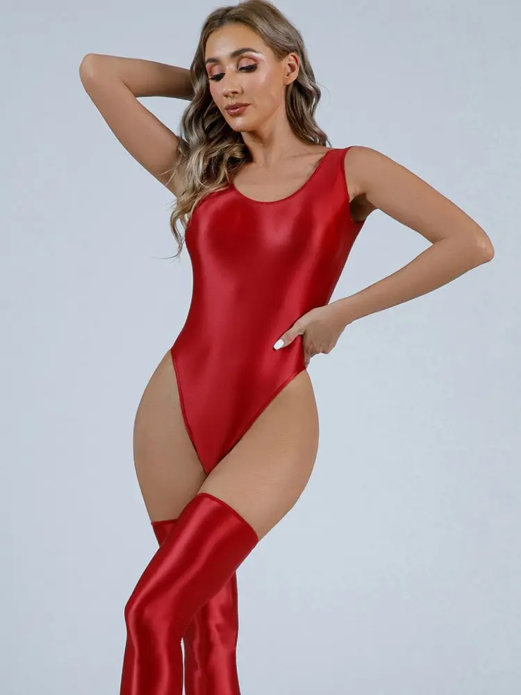 Sleeveless Glossy Shiny Swimsuit High Cut Bodysuit Tights Elastic Athletic Gym Yoga Fitness Body Teddies Sexy Swimwear Leotard - Image 5