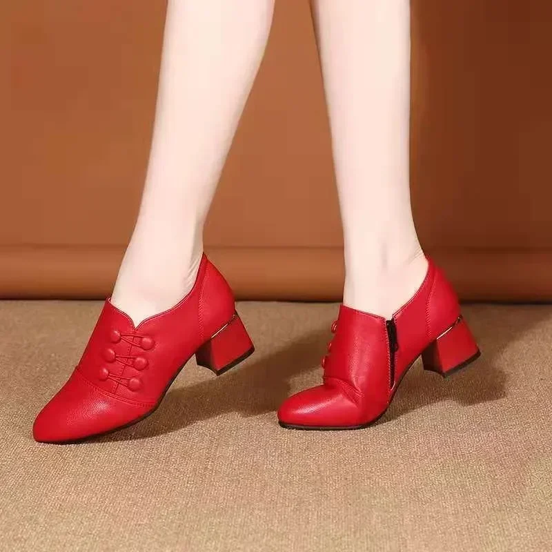 Women's Boots 2025 New Casual Leather Shoes for Women Comfort Office Low Boots Pointed Toe Ladies High Heels Red Wedding Shoes - Image 5