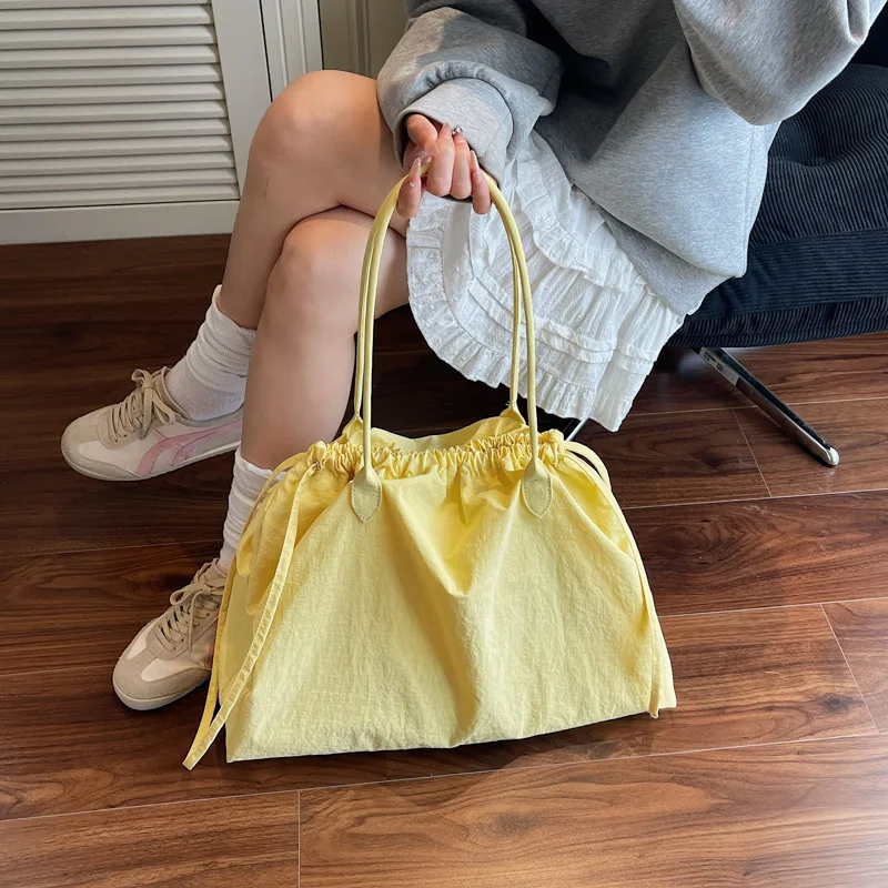 Big Drawstring Bucket Shoulder Bags For Women Nylon Fabric Lightweight Large Capacity Shopper Totes Pure Color Practical Handbag - Image 6