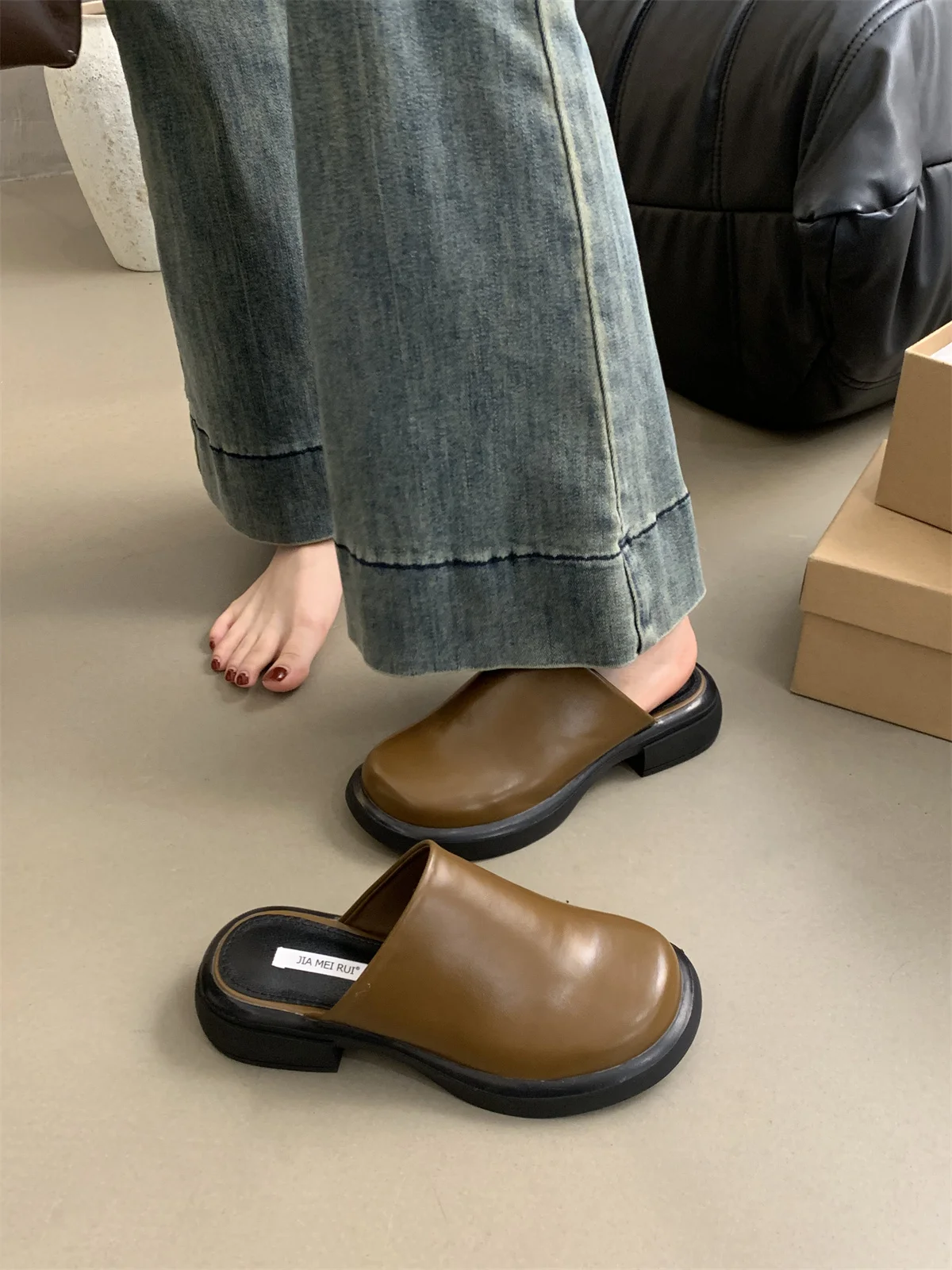 Mules For Women 2026 Cover Toe Ladies' Slippers Loafers Luxury Slides Mid Heel Spring Summer New Driving Closed Toe Half Slipper - Image 3