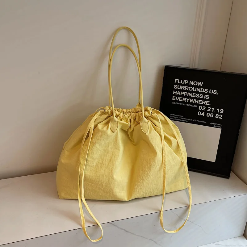 Big Drawstring Bucket Shoulder Bags For Women Nylon Fabric Lightweight Large Capacity Shopper Totes Pure Color Practical Handbag - Image 8